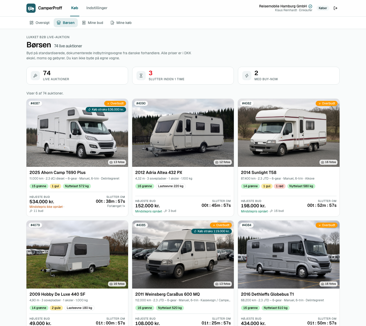 Børsen i CamperProff-appen med vognkort, køb-nu og auktionsnedtælling. Demonstrationsskærm, ikke live lager.