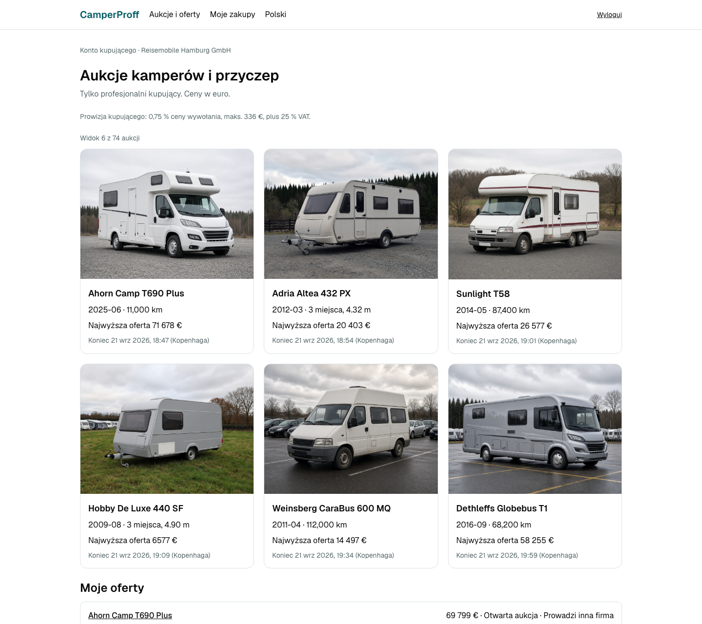 Przegląd kupującego w aplikacji CamperProff. Ekran demonstracyjny, nie publiczny katalog.